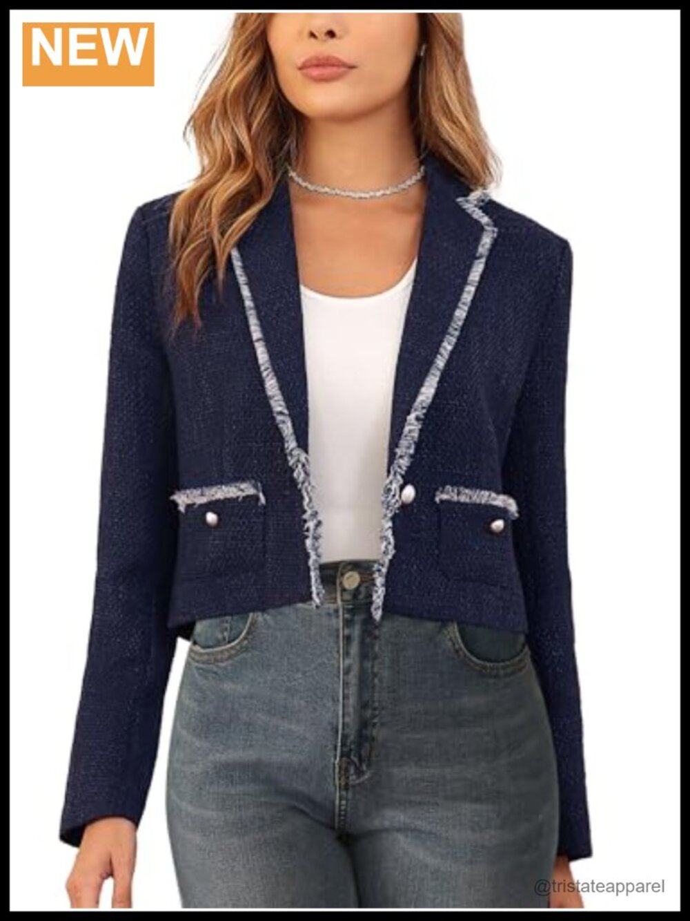 Women's Cropped Tweed Blazer Notch Lapel Button Front Long Sleeve